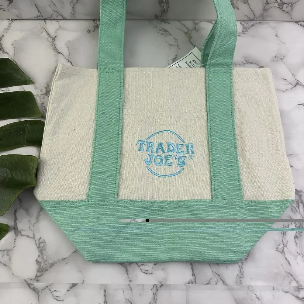 Trader Joes Mini Pastel Canvas Tote Bag Set of 2 New Blue Mint Green Embroidered